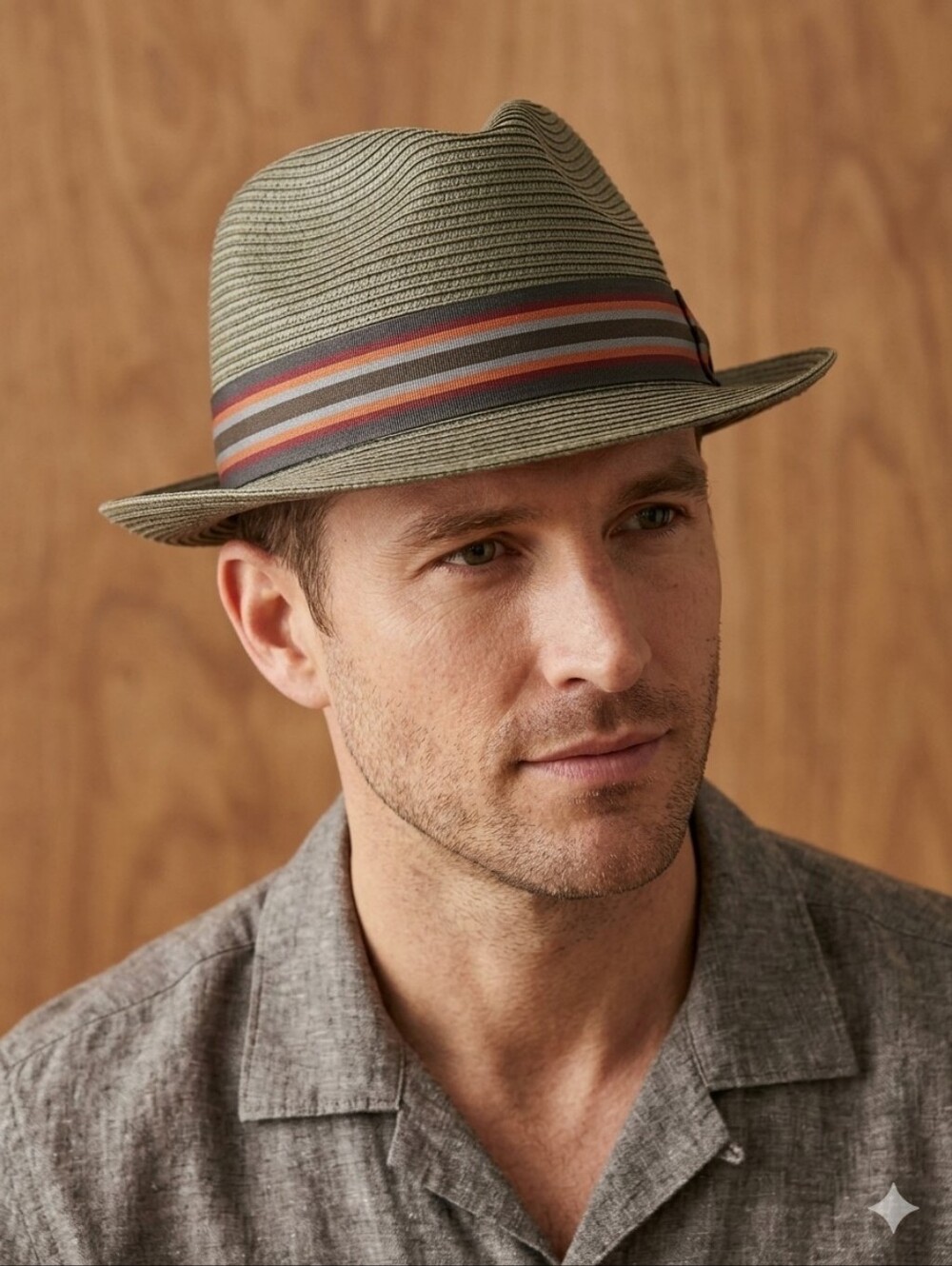 SCALA Olive Green Straw Fedora Hat Men's Trilby Short Brim Striped Ribbon Band